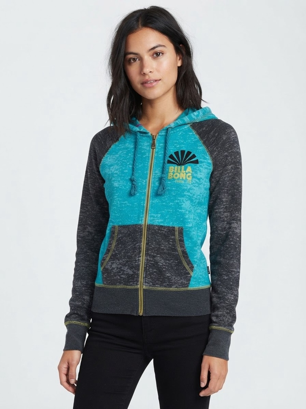 Y2K Billabong Teal & Charcoal Zip-Up Hoodie Size Small Vintage Skatergirl